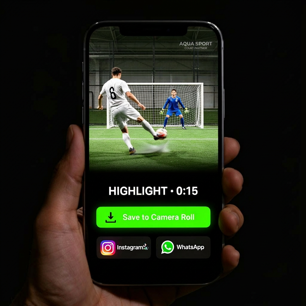 Hand holding a smartphone displaying the MatchReplay app with a sports highlight clip, download button and share to Instagram, TikTok and WhatsApp buttons visible
