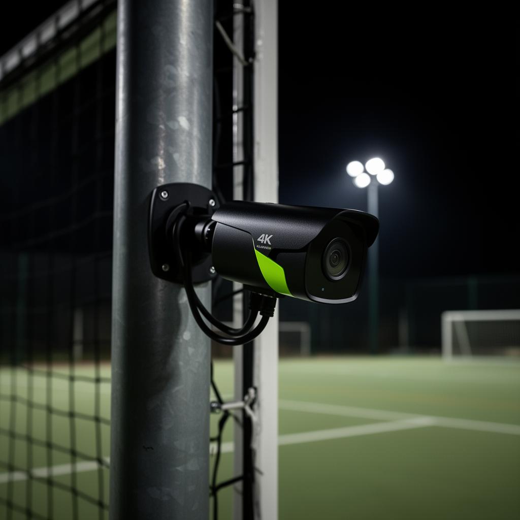 Close-up of a 4K MatchReplay camera mounted on a metal pole over a floodlit pitch at night