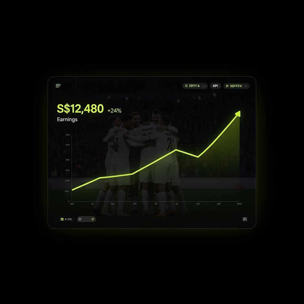 Dark dashboard showing ascending lime-green earnings chart over blurred celebrating players