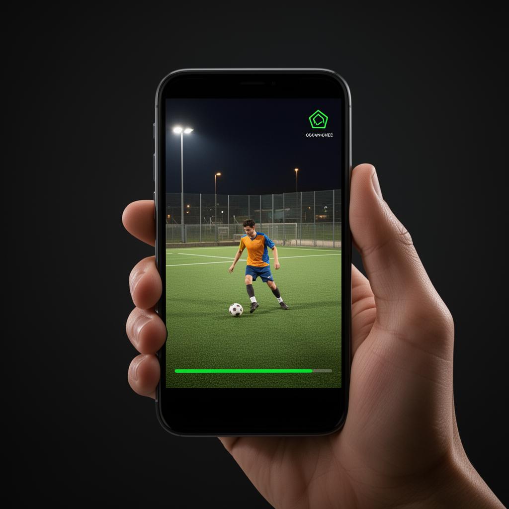 Amateur football player controlling the ball on a local society pitch with synthetic turf and floodlights