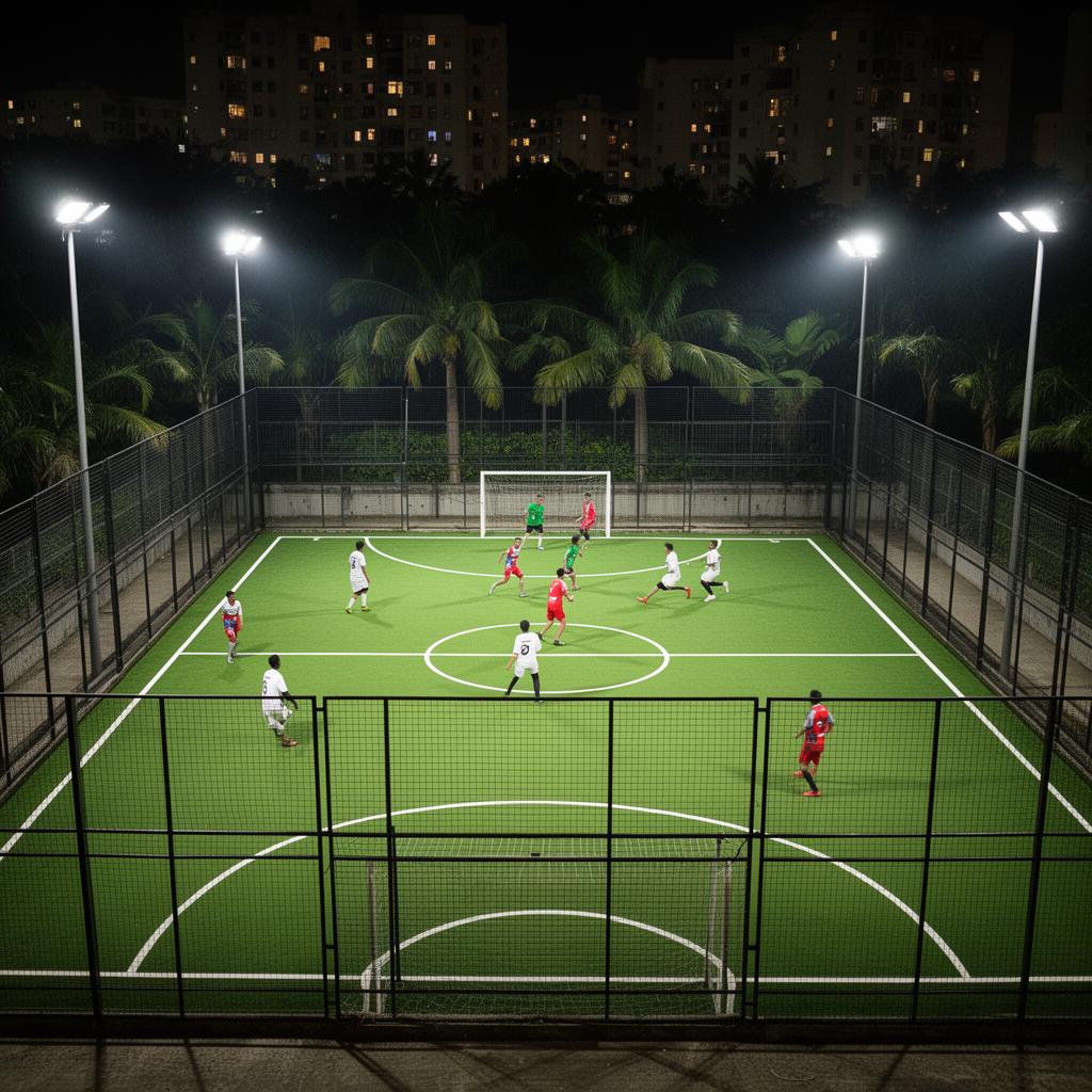 Amateur players celebrating a great play inside a covered cage pitch at night