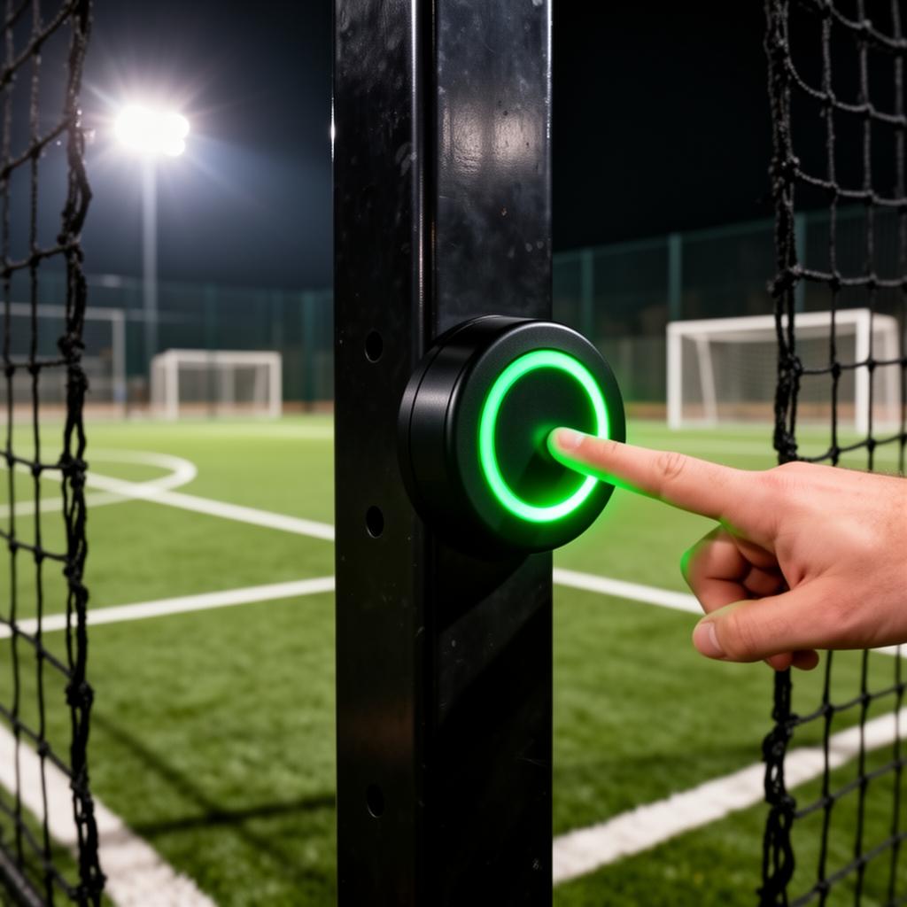 Player's hand pressing the glowing green MatchReplay button on the cage post