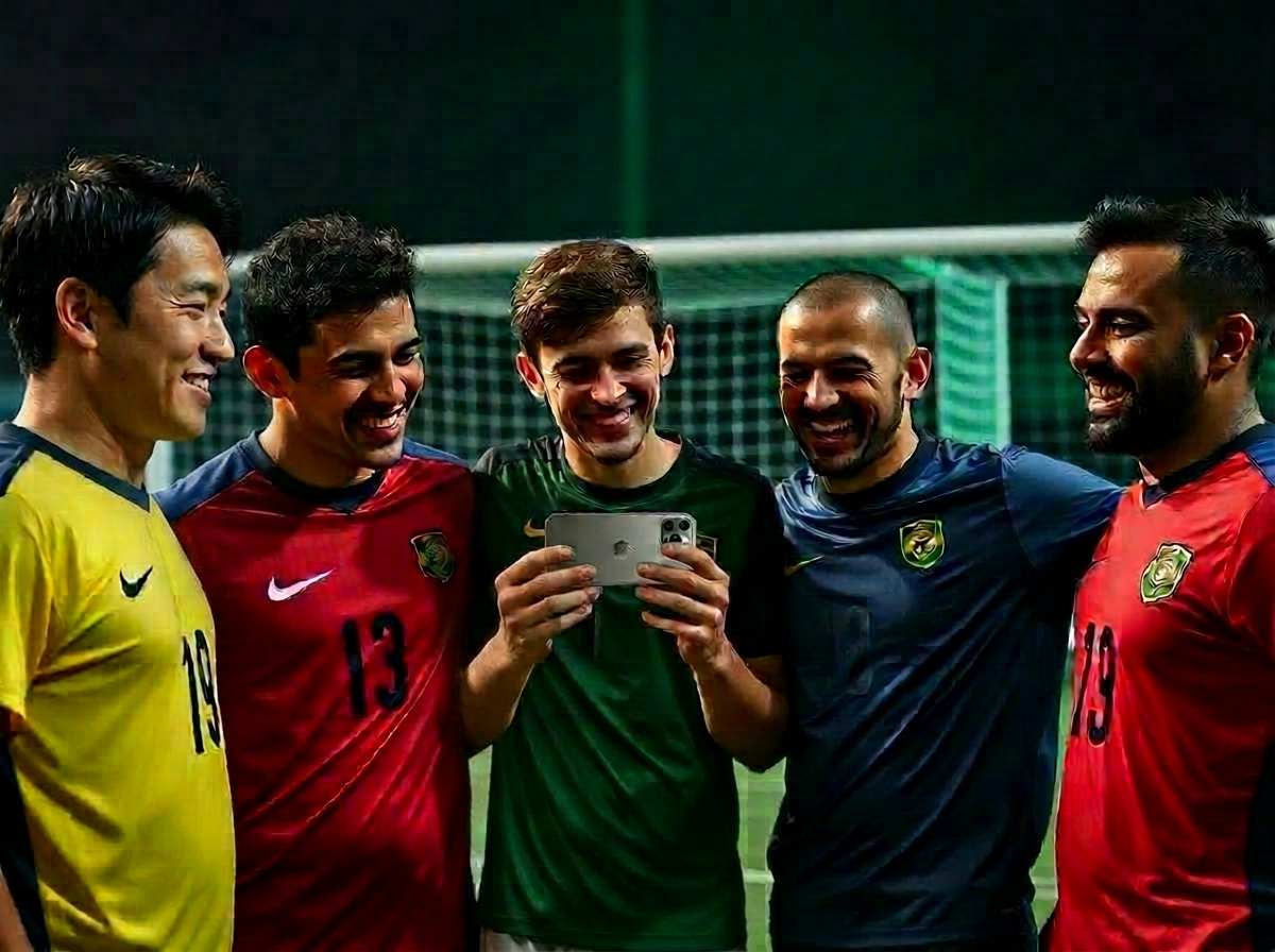 Group of friends laughing while watching a match replay on a phone
